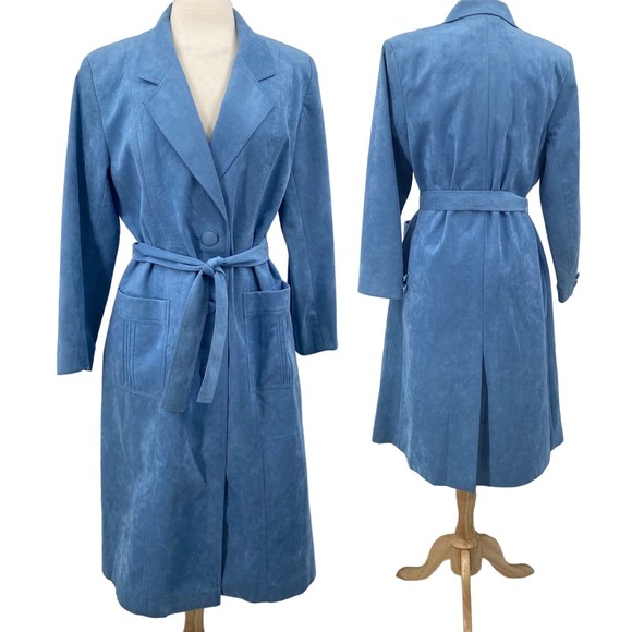 Vintage Jackets & Blazers - Vintage Suede Belted Jacket Single Breasted Button Down Maxi Coat Blue Womens 12